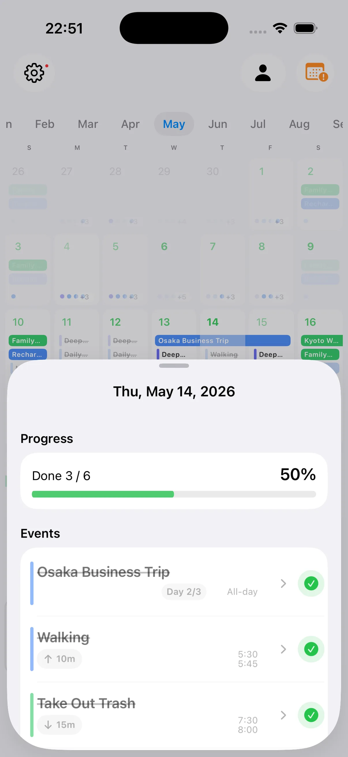 Calendar ToDo showing a month calendar with completion and progress recorded for the selected day