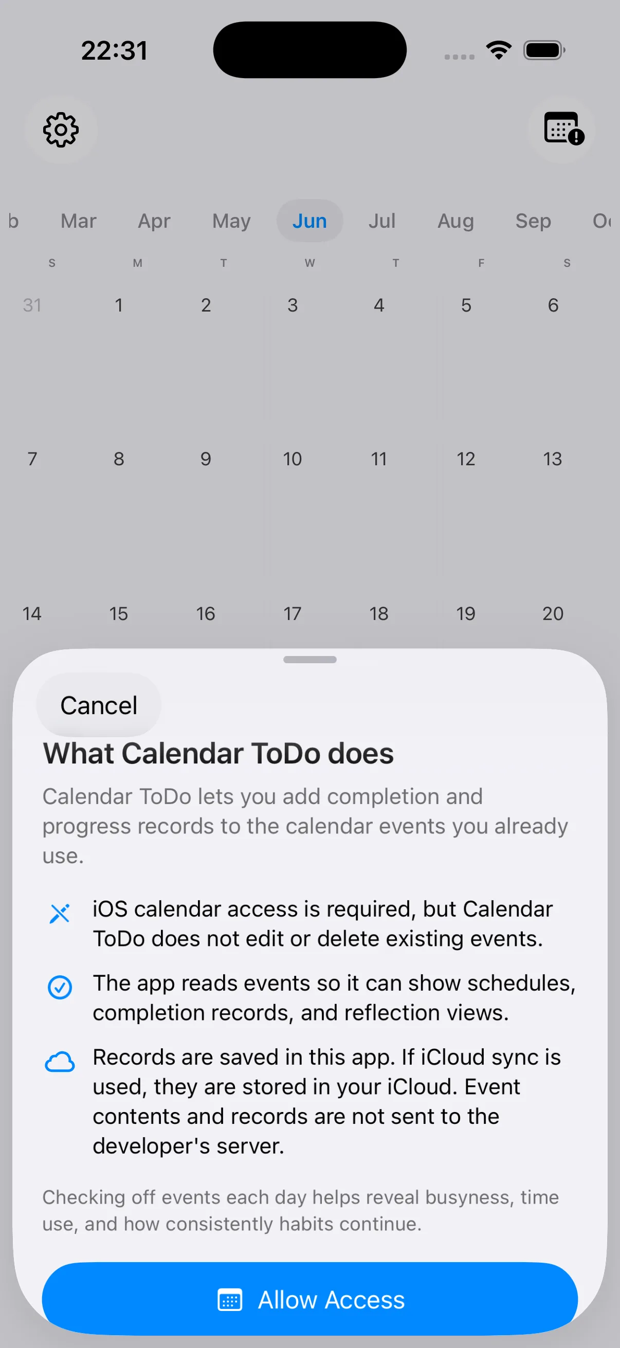 Calendar ToDo screen explaining calendar access and privacy